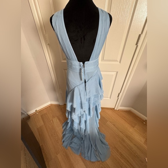 ALICE + OLIVIA Holly Low Neck Asym Ruffled Maxi Dress Mineral Blue Size 4 NWT - Picture 8 of 16